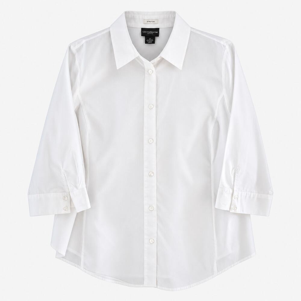 Liz Claiborne Woman 1X White Plus Size Stretch 3/4 Sleeve Button Front Blouse